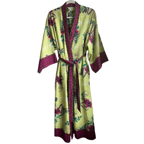 Soft Surroundings Dresses & Skirts - Soft Surroundings Womens Sz XS Kimono Wrap Dress or Robe Cotton Tropical Green